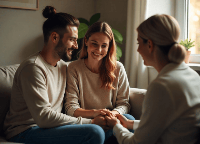 A couple sitting closely in a warm, softly lit therapy office with therapist