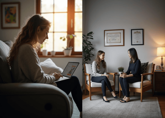 A split screen showing online vs in-person therapy session