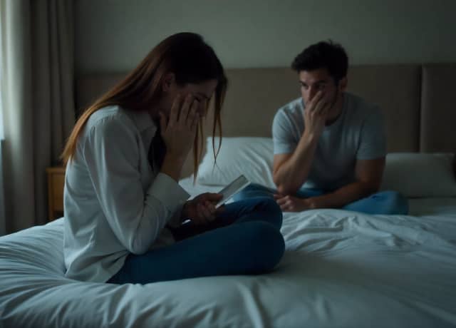 A woman sitting on the edge of a bed with her back to a man, both in emotional distress