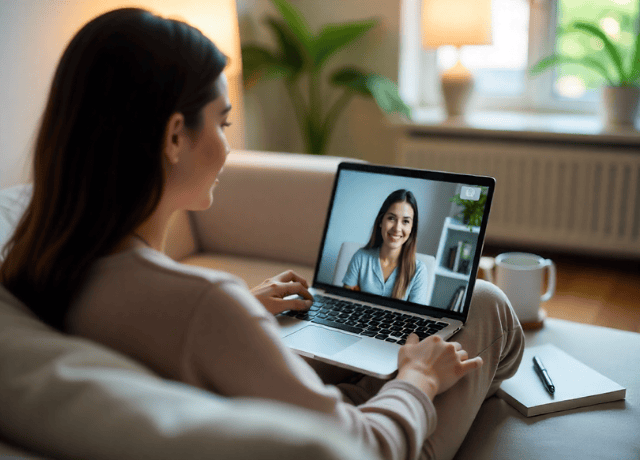 Woman sitting comfortably at home on a sofa in a video call with a therapist on a laptop