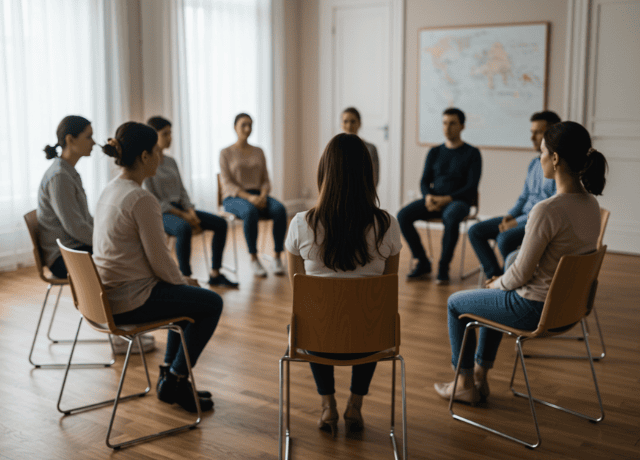 A group therapy circle in a bright, welcoming room with natural light