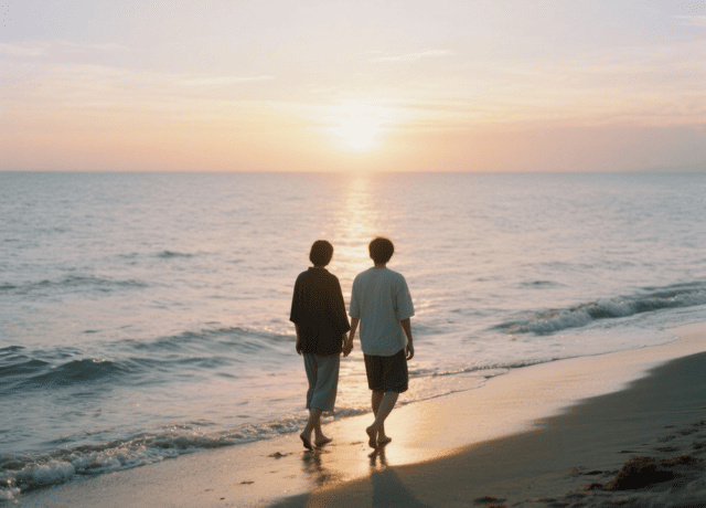 A sunrise over a calm ocean with two figures walking side by side on the shore