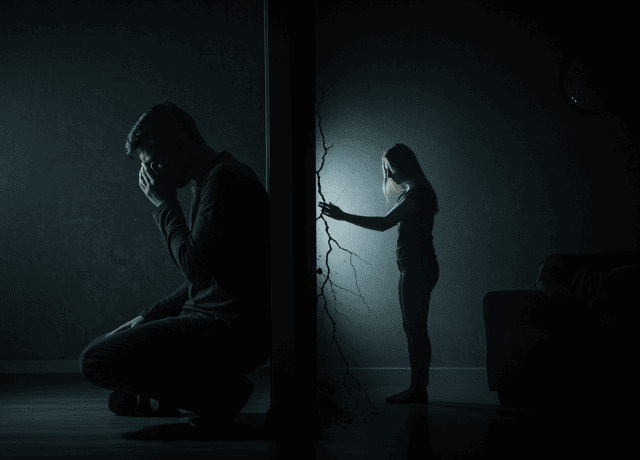A symbolic image of a couple standing in the same room but facing opposite directions, with a visible wall of shadow or crack running between them