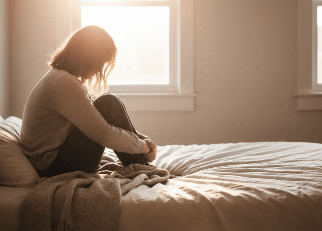 A woman sitting on one side of a bed while the other side is empty