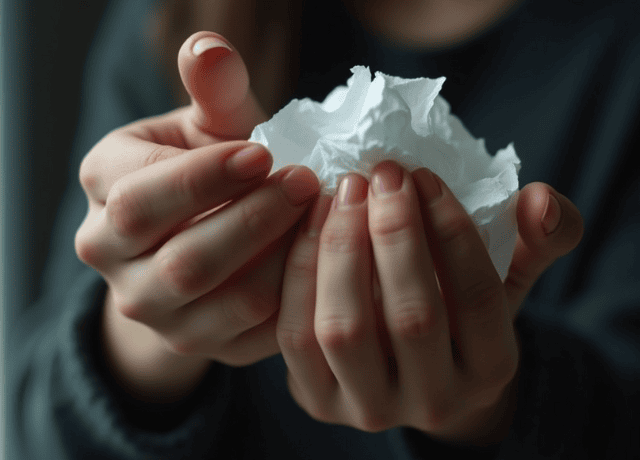 Close-up of a woman’s hands holding a tissue