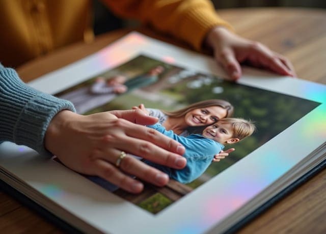 A hand over a photo of a parent and child