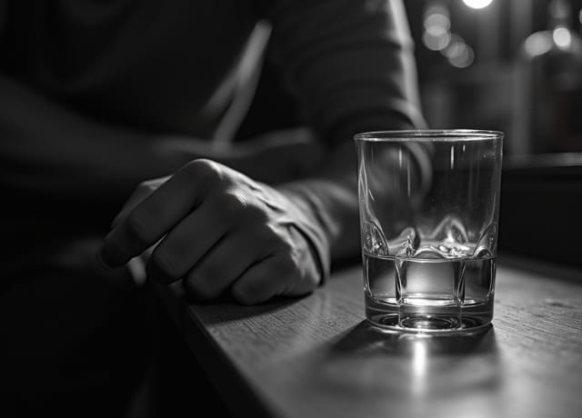 A hand rested over a desk beside a glass of drink