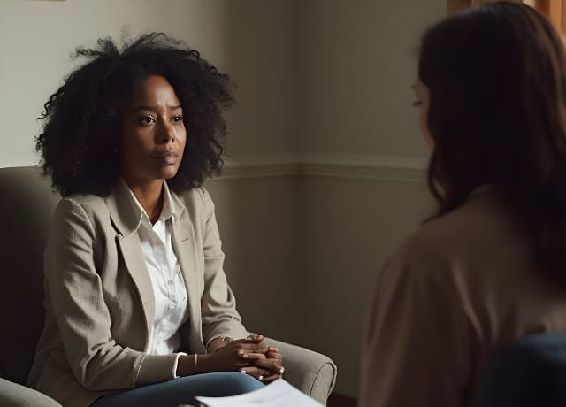 A woman sitting in a therapist's office.