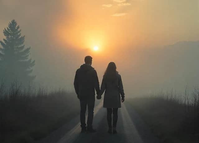 Couple standing at a crossroad.