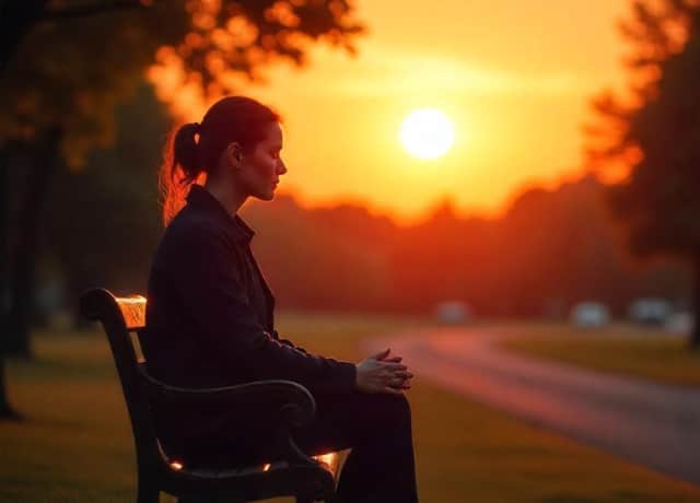 Woman sitting alone on a park bench.