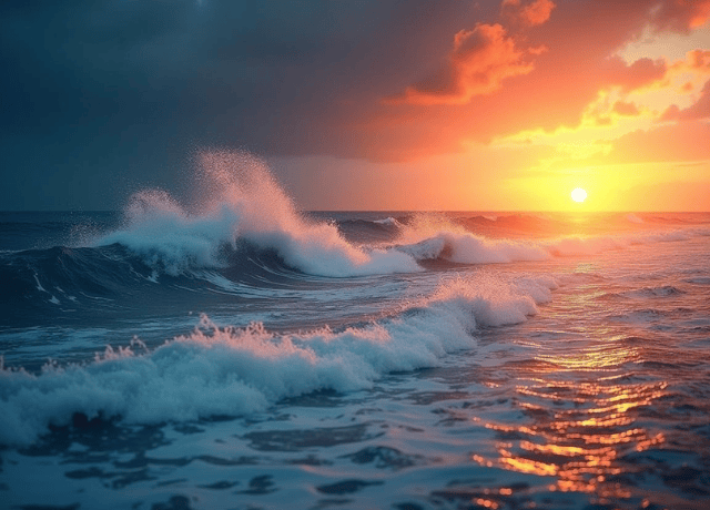 a wavy ocean with a calm sunset at the horizon