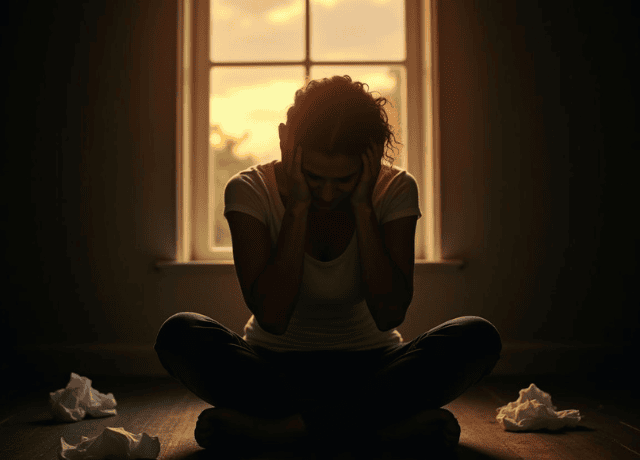 a woman sitting alone in the dark on the floor with legs crossed and her had on her hands