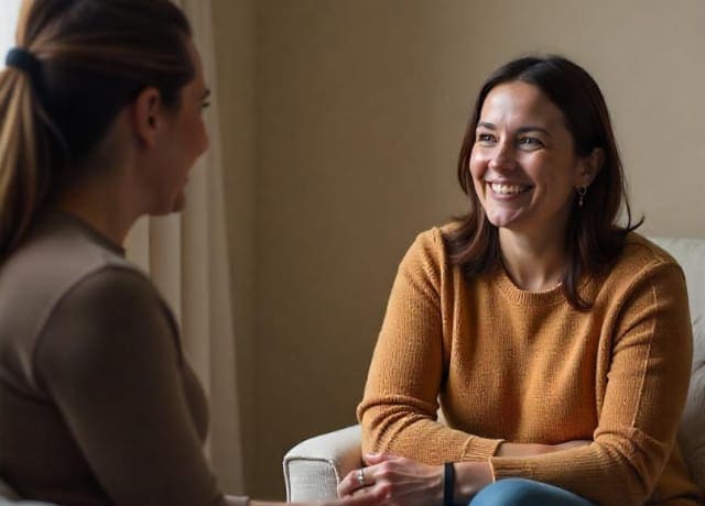 A woman listening to a therapist smiling