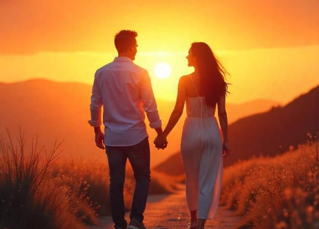 A couple walking hand-in-hand towards a sunset