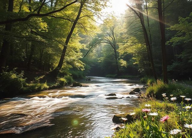 nature scene with a calm river flowing through a forest 