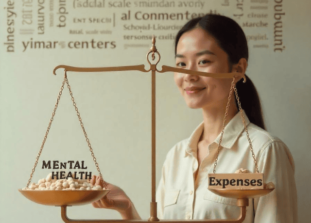 a woman balancing mental health vs expenses