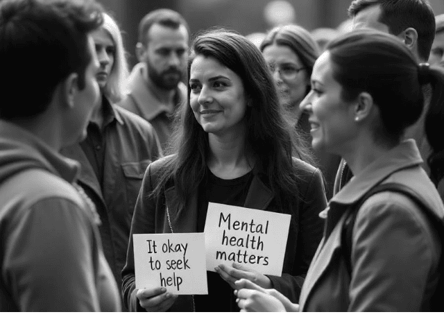 a woman holding a sign that shows it's okay to seek help