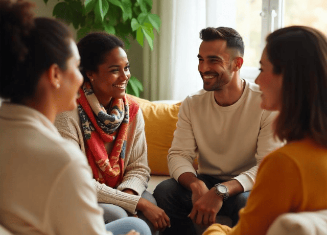diverse individuals in a warm, welcoming setting