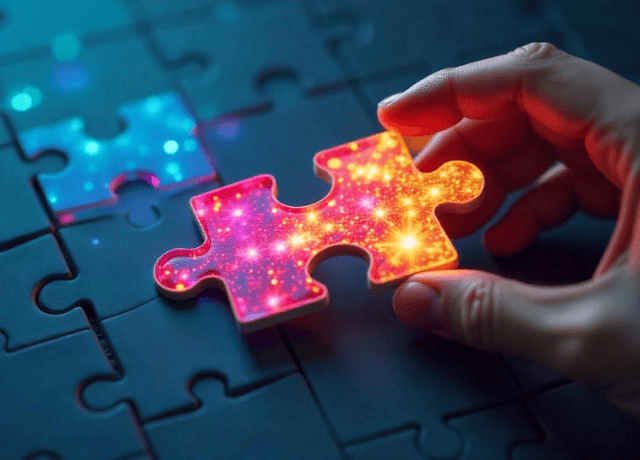 person holding a colorful & glowing puzzle piece over a puzzle