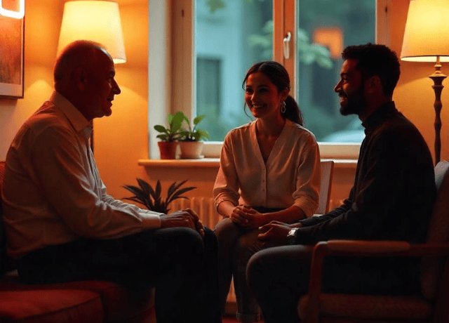 therapist calmly talking to a couple