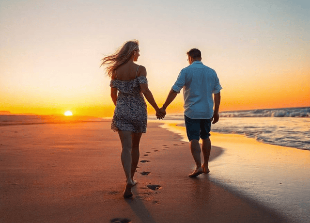 two people walking on a beach