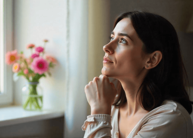women thoughtfully looking up and to the right
