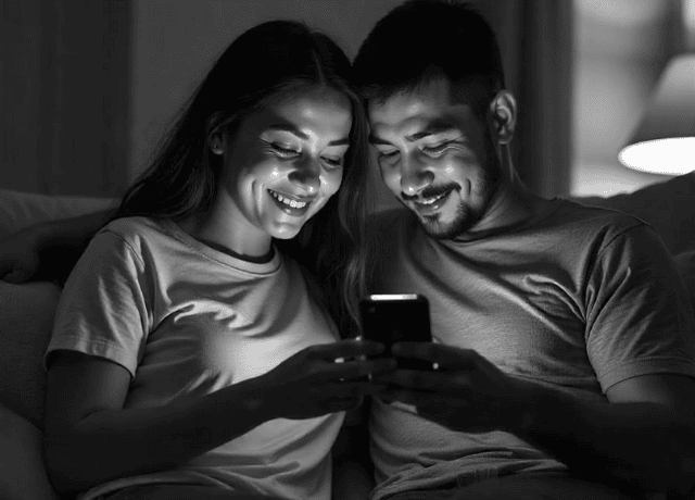 Couple watching smartphones while sitting together