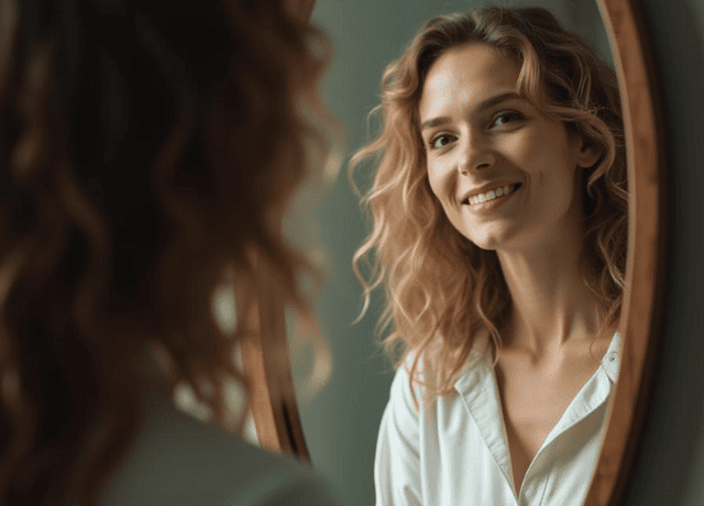 A woman looking in the mirror