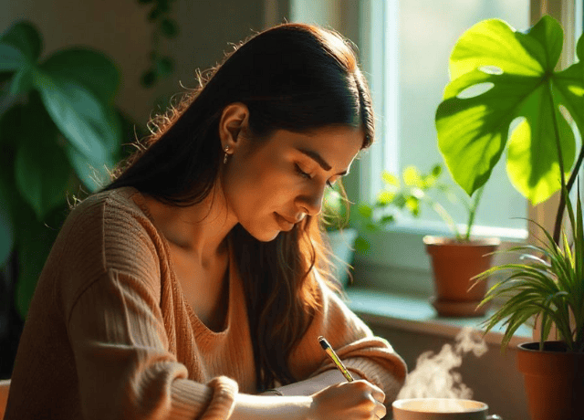 A woman sitting at her desk journaling