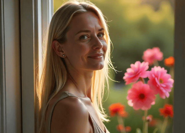 A woman standing by a window smiling