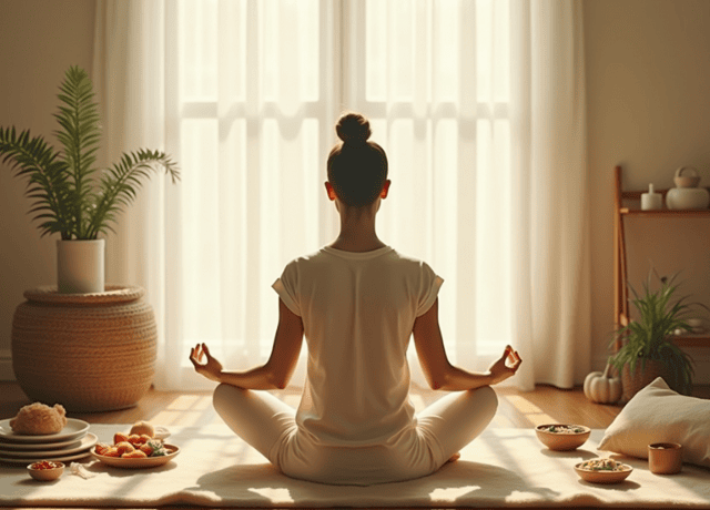 A woman meditating in an indoor environment