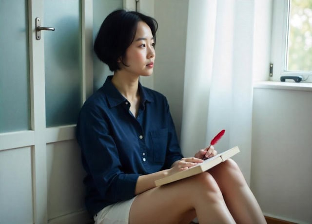 Asian woman with hair sits on the floor, holding a book