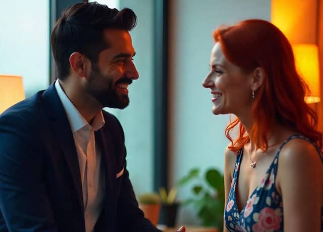 couple seeing each other and laughing