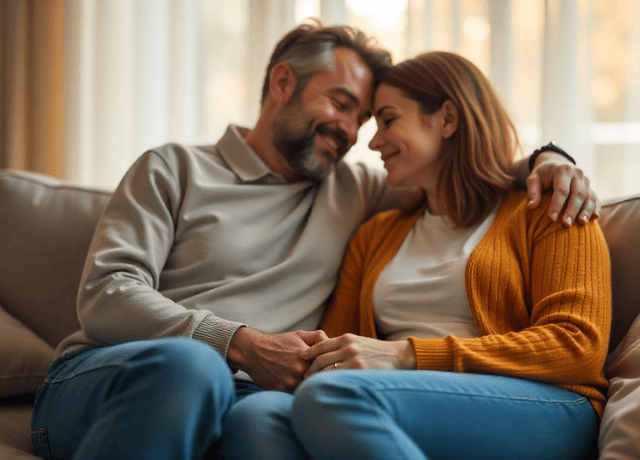 Couple sitting on the sofa holding hands