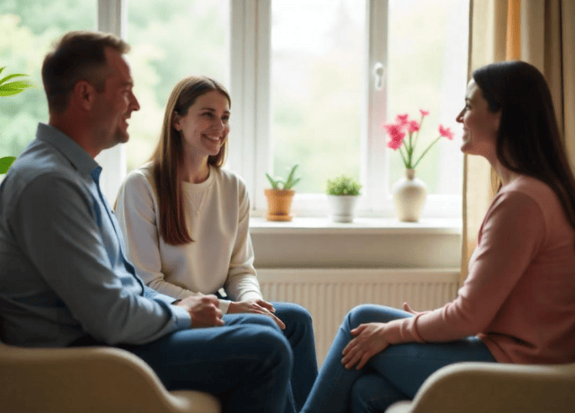 Therapy setting with a couple sitting across from a compassionate therapist