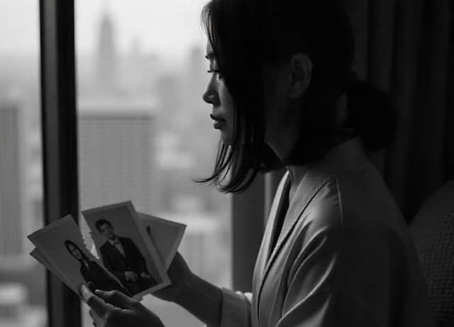 woman holding a torn photo
