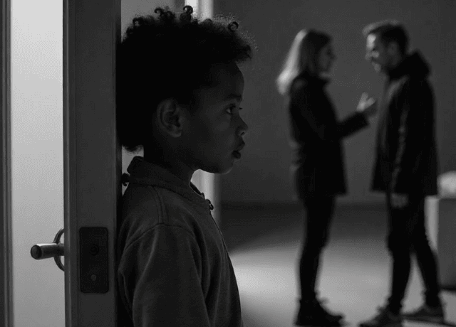 A child hiding behind a door while parents argue in the background