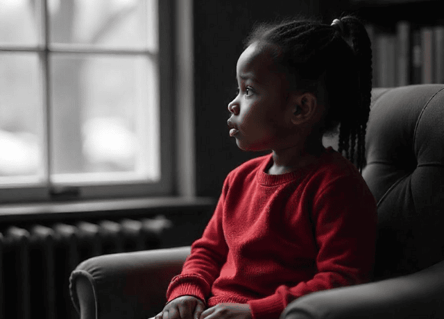 A child sitting alone with a worried expression