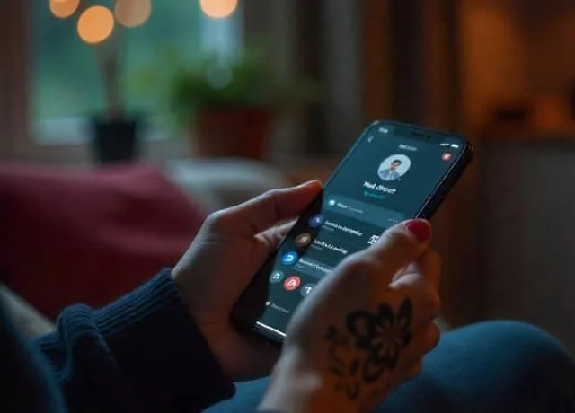 Person handing the mobile phone at home 