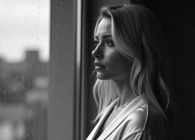 A woman looking thoughtfully out a rainy window
