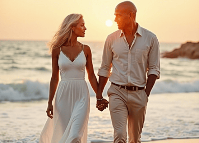 couple holding hands while walking slowly on a beach