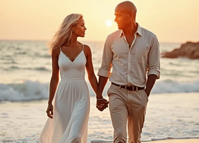 couple holding hands while walking slowly on a beach