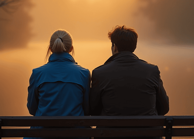 Sad couple in 30s sitting on a bench