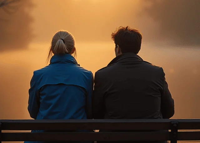 Sad couple in 30s sitting on a bench