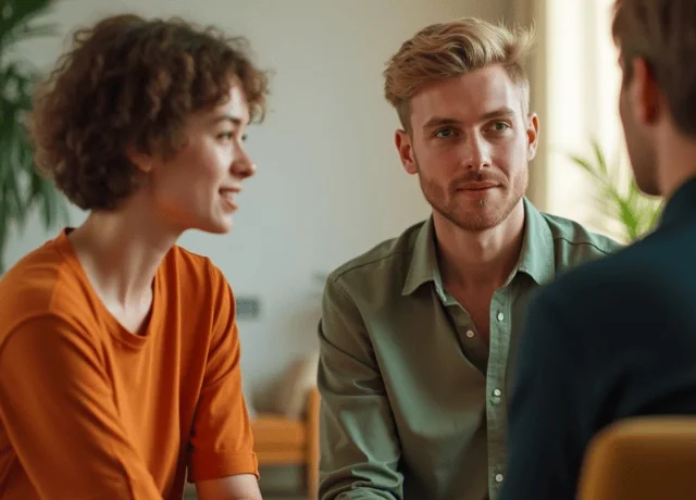 couple sitting with a therapist in a calm, neutral-toned room
