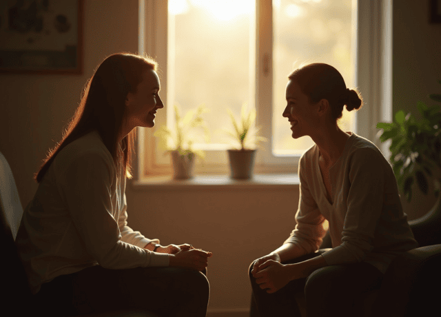 A compassionate therapist and a hopeful client in a warm, softly lit therapy office
