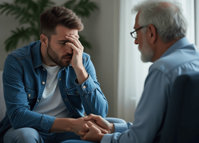 A distressed man sits indoors & An therapist holding his hand