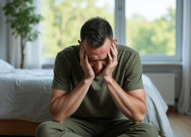 A man sitting on the floor near the bed-his elbows on his knees, his head in his hands, his eyes closed in visible pain.
