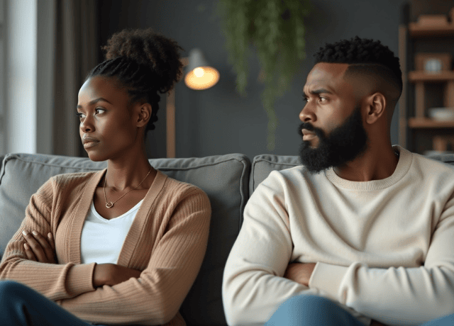 A Black woman and a Black man sitting on a gray couch with their arms crossed