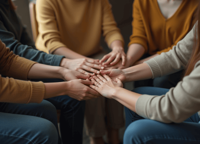 supportive group circle gently holding hands